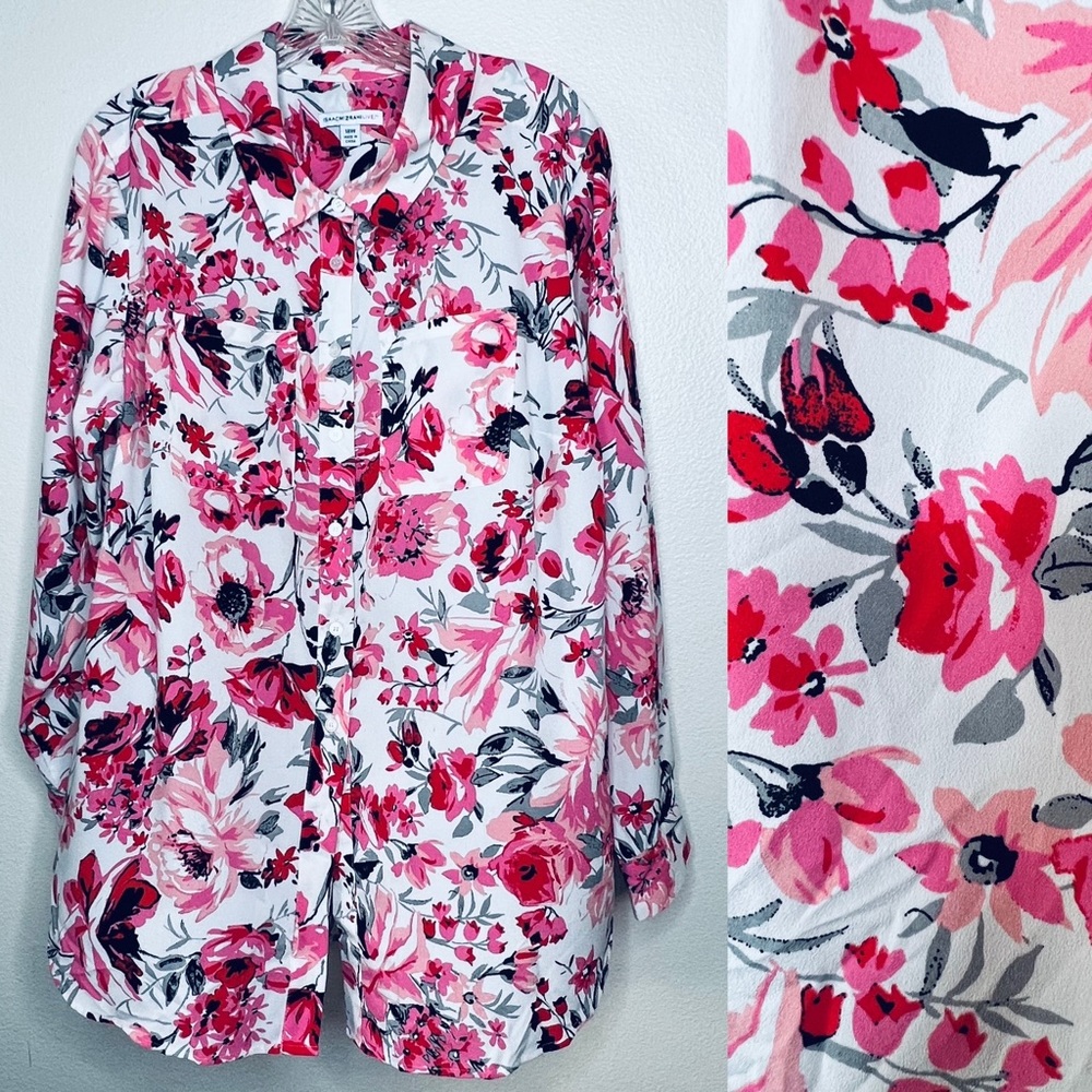 Issac Mizrahi pink multi floral button front blouse shirt size 18W long sleeve